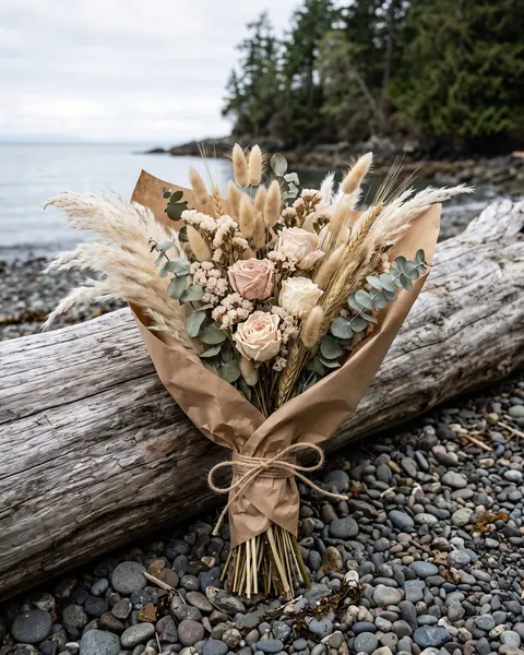 Dried bouquet of pampas, bunny tails, eucalyptus and blush roses in kraft paper on a West Coast beach log