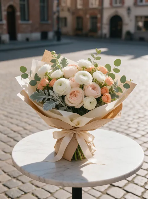 White ranunculus and blush rose bouquet for Mom