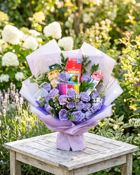 Lilac rose gift bouquet with markers, pencil crayons and art supplies