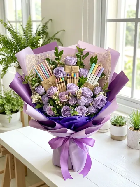 Lavender rose gift bouquet with art supplies
