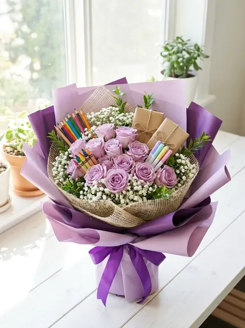 Lilac gift bouquet with art supplies