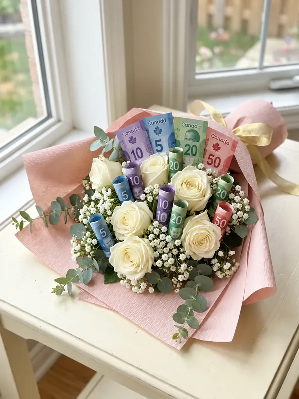 Pastel rolled cash bouquet in blush wrap with white roses