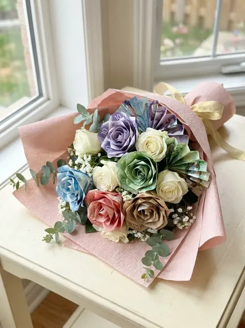 Bouquet of folded Canadian banknotes and roses