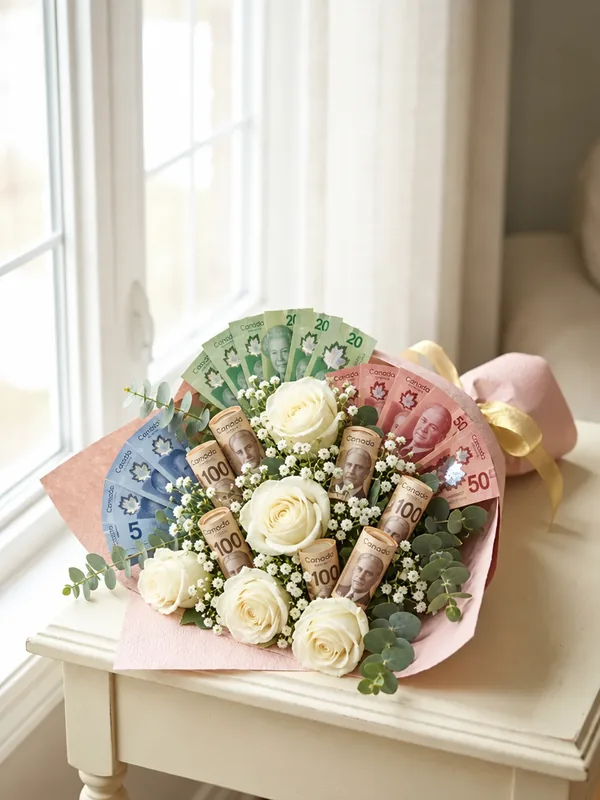 Rolled Canadian bills with ivory roses in a pink wrap