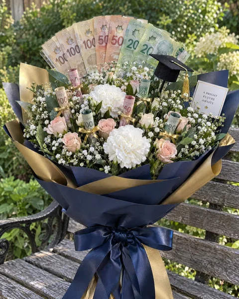 Navy and gold graduation money bouquet with a flat fan of bills and rolled bills