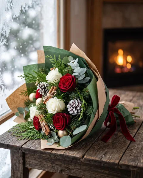 Winter bouquet of red and white roses, cedar, frosted pine cones and cinnamon sticks with a velvet bow