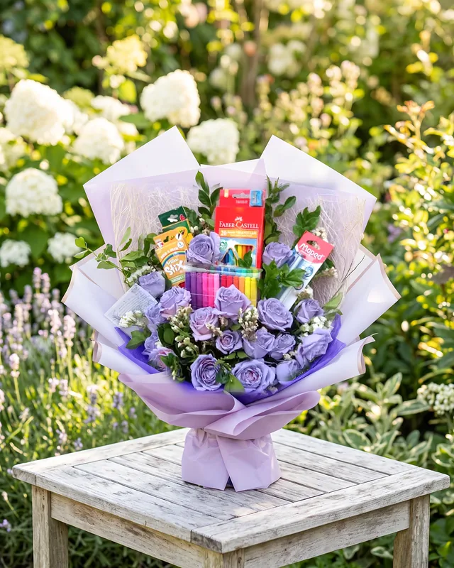 Art Lover: lilac roses & art supplies