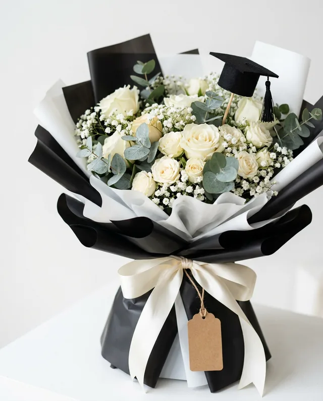Grad Classic: ivory roses in black & white wrap