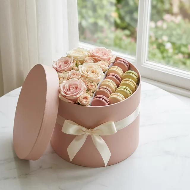 Blush Hatbox: roses & macarons