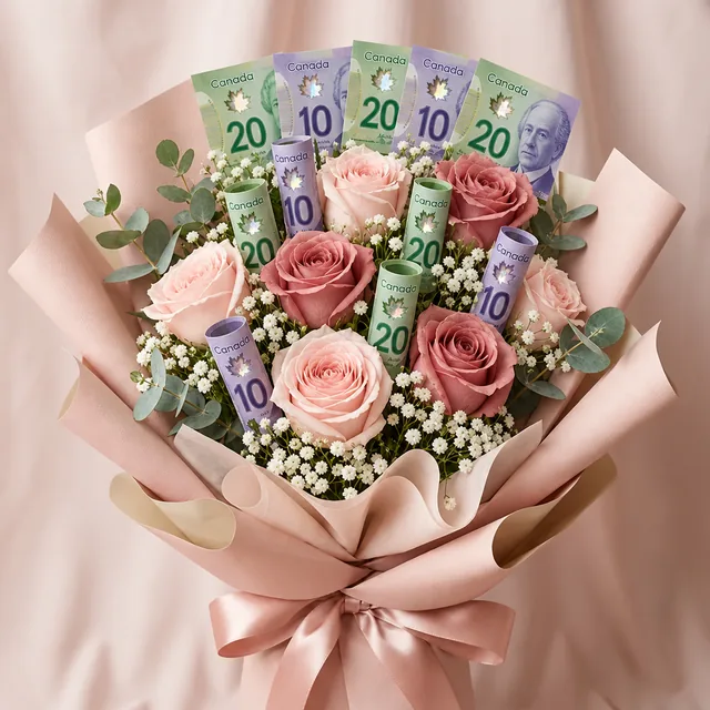 Blush money bouquet with rolled Canadian bills and pink roses