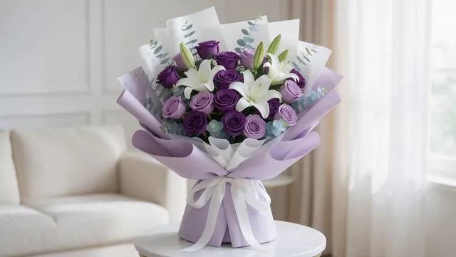Violet Lily: purple roses & white lilies
