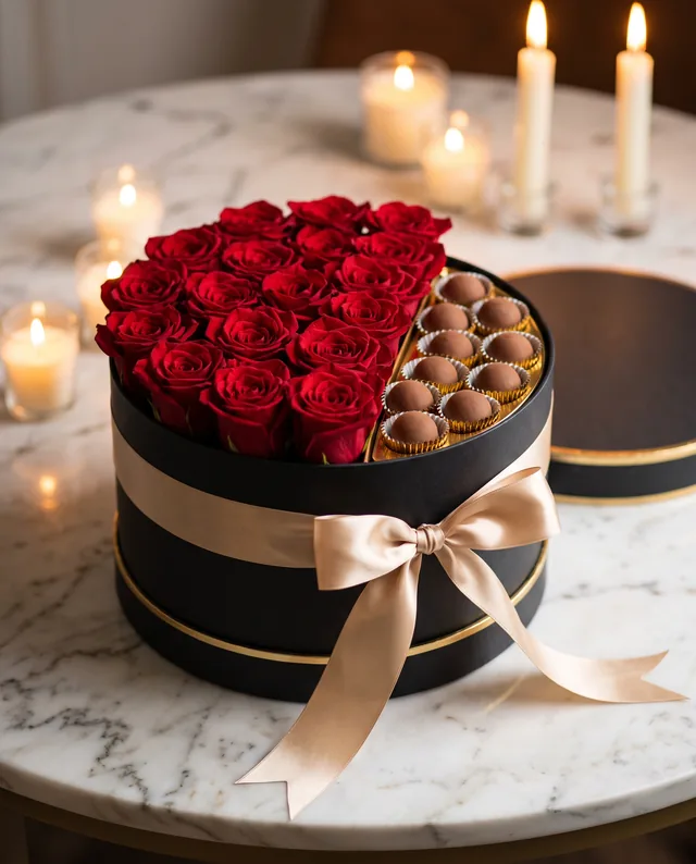 Midnight Rose Box: red roses & truffles in a black hatbox
