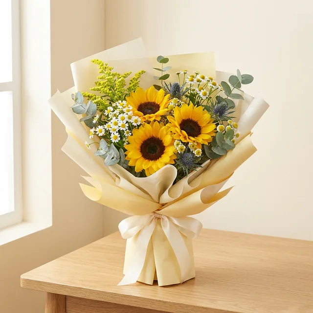 Sunshine: sunflowers, daisies & thistle
