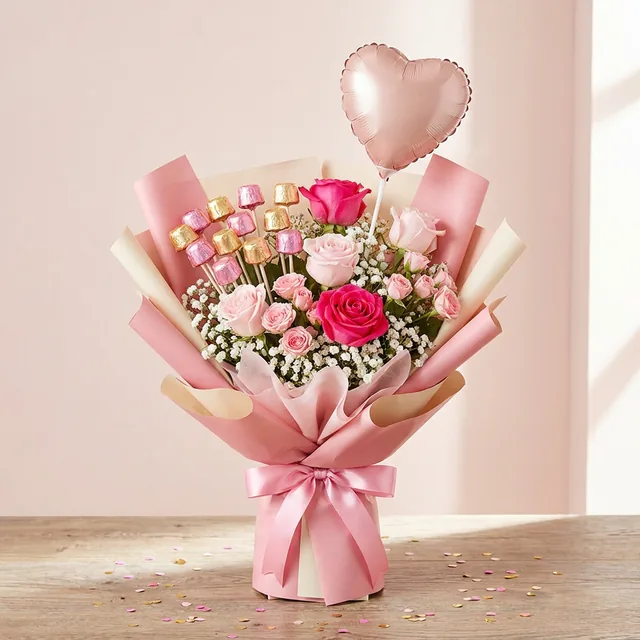 Sweetheart: roses, chocolates & a heart balloon