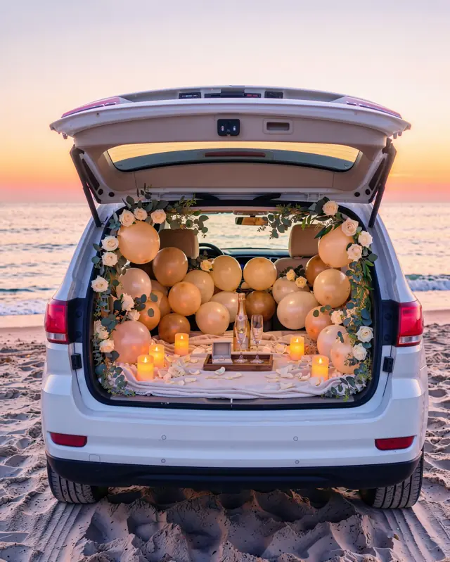 Concept mock-up: Deluxe · ivory & champagne · proposal at sunset