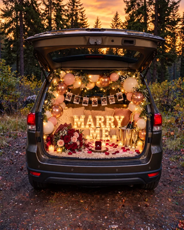 Forest proposal trunk with MARRY ME letters, roses and a ring box