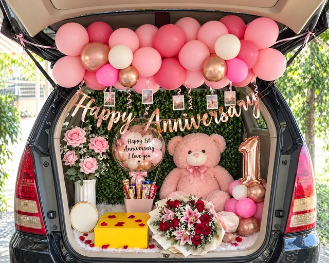 Concept mock-up: rose and blush Pop the Trunk anniversary surprise in an SUV trunk