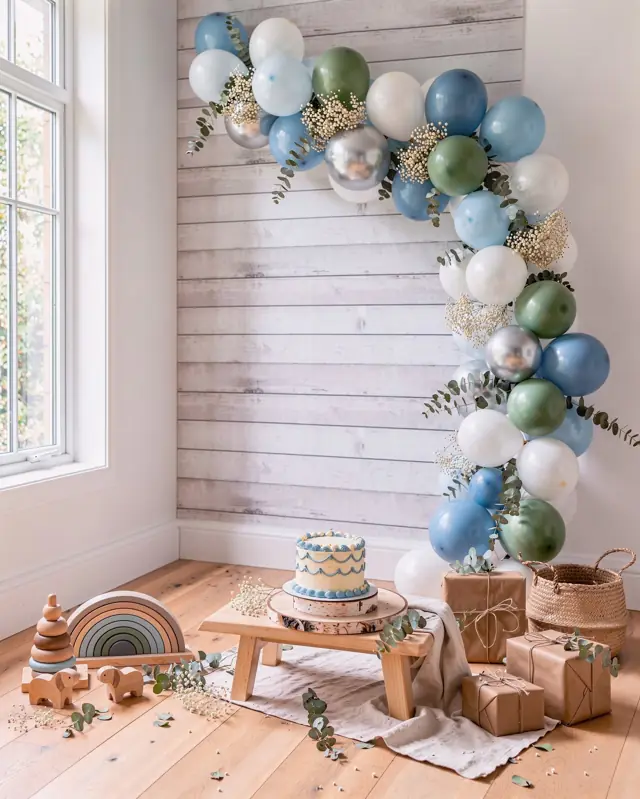 Concept mock-up: Dusty blue, white & eucalyptus · first birthday