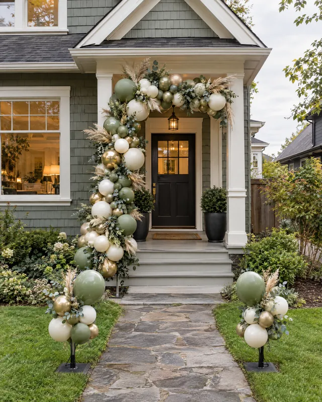 Sage, ivory and champagne garland at an open house entrance