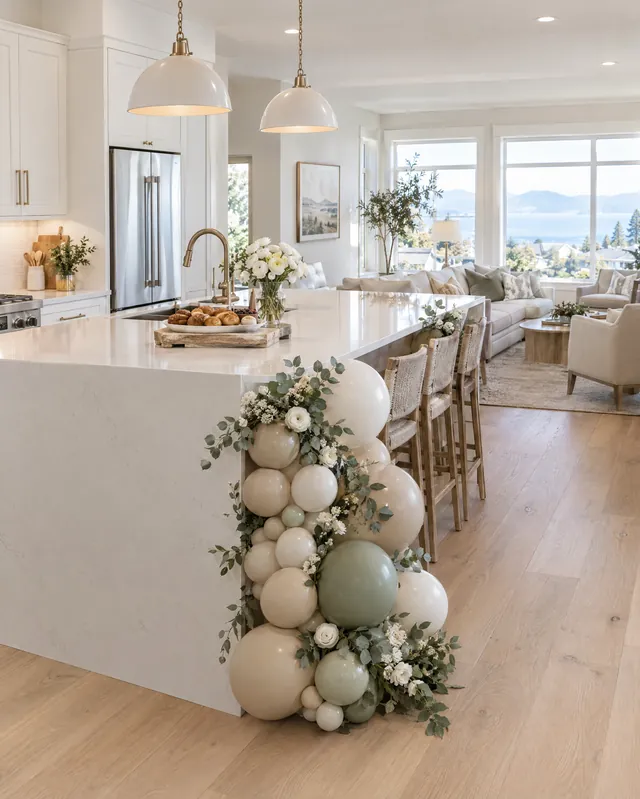 Sage and ivory balloon column with greenery on a kitchen island