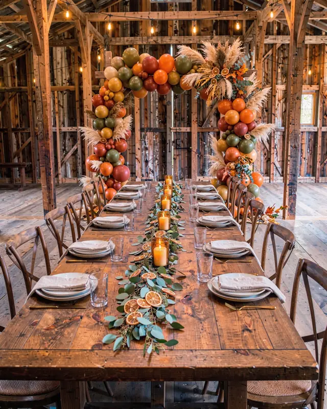Concept mock-up: Rust, mustard & olive · barn engagement dinner