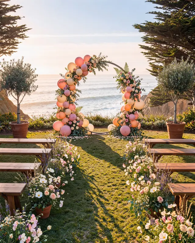 Concept mock-up: Blush, peach & cream arch · seaside moon-gate ceremony