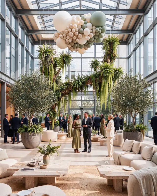 Concept mock-up: White pearl & sage · atrium installation