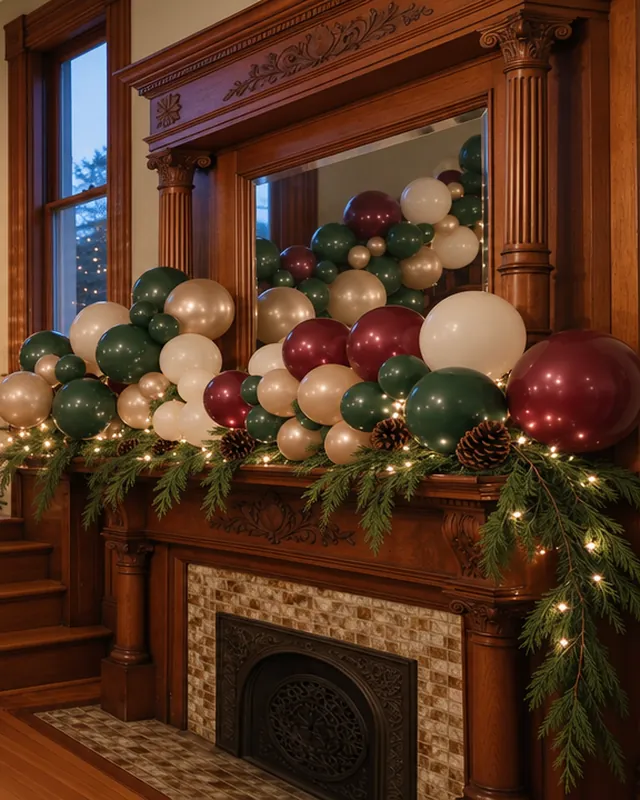 Holiday mantel garland with red, gold and cream balloons