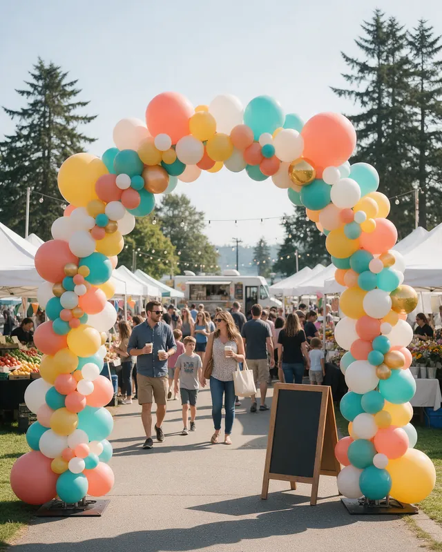 Coral, yellow and turquoise balloon arch at a market entrance