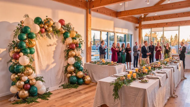 Office holiday party with evergreen, gold and lit garland