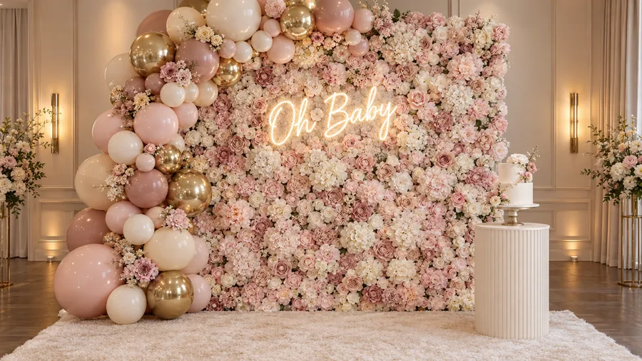 Concept mock-up: blush flower wall with an Oh Baby neon sign and balloon garland