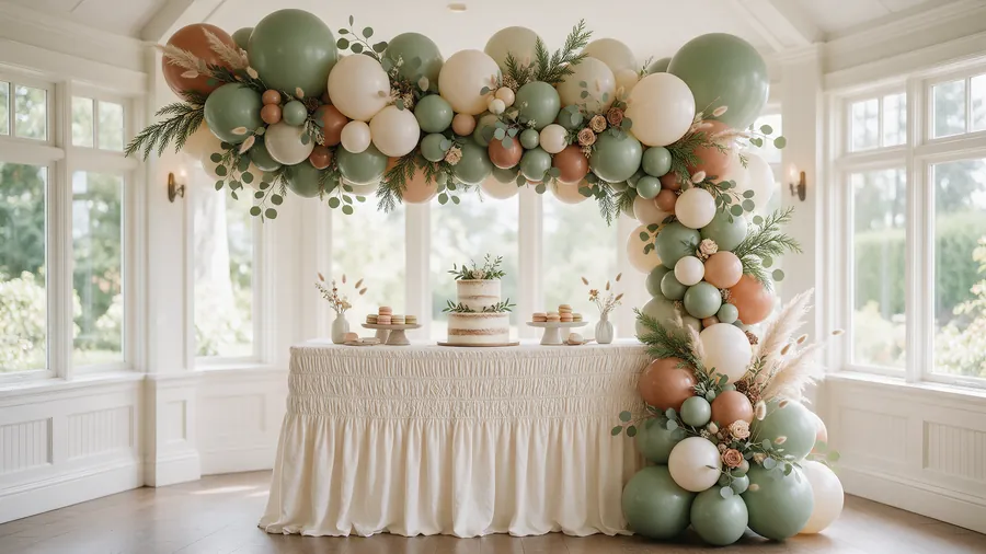 Concept mock-up: sage, cream and terracotta balloon garland with eucalyptus over a dessert table