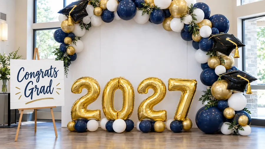 Navy, white and gold grad photo wall