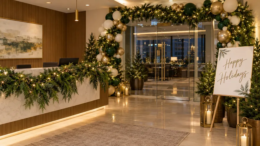 Concept mock-up: evergreen and gold holiday garland in an office lobby