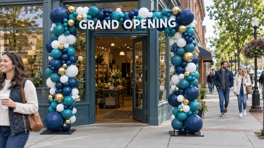 Concept mock-up: navy and teal grand opening balloon arch at a shop entrance