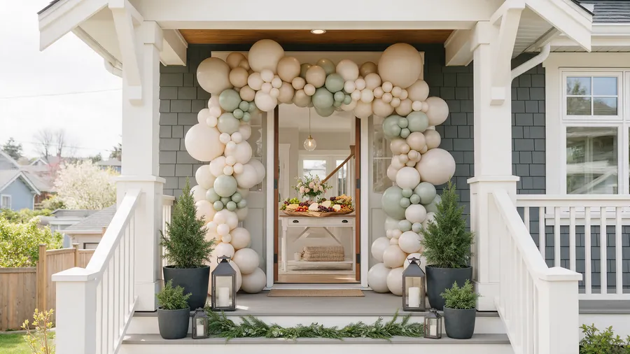 Concept mock-up: ivory and champagne balloon garland framing a front porch for an open house