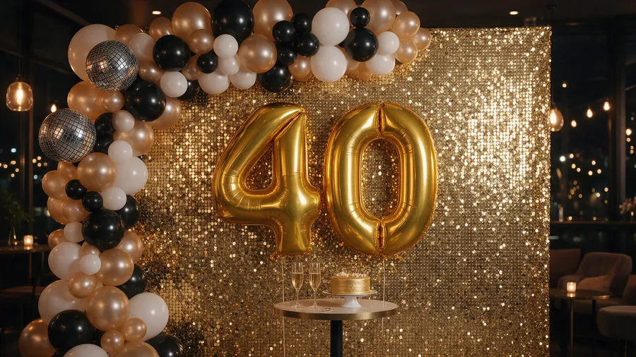 Gold shimmer wall with a black and champagne balloon garland for a 40th birthday