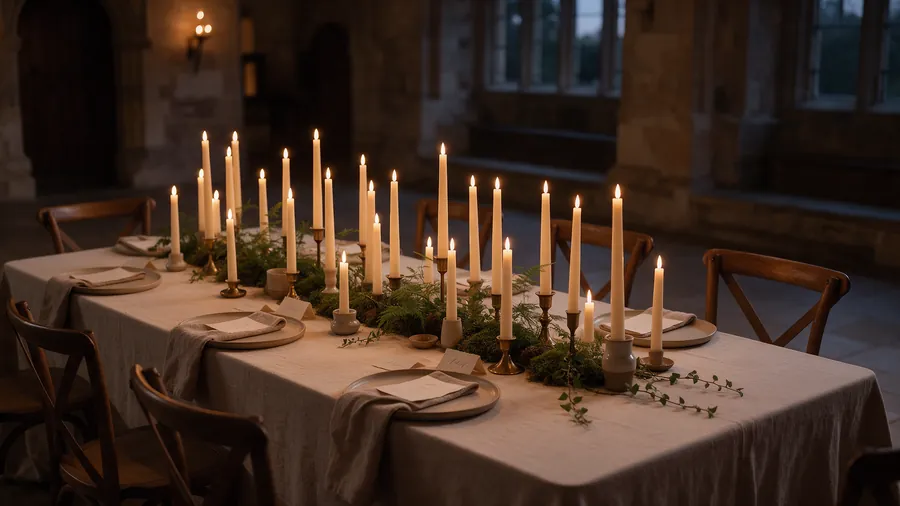 Candlelit anniversary dinner table with taper candles and moss