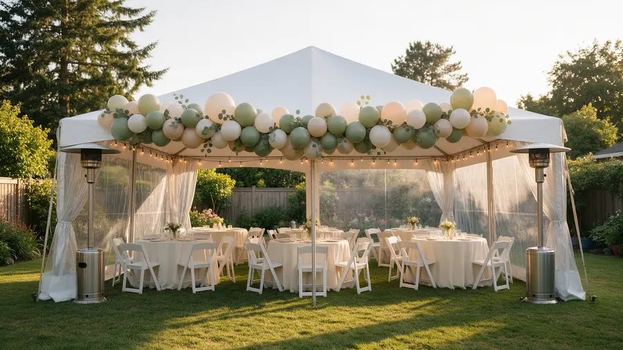 Concept mock-up: balloon garland on a rented frame tent at a garden party